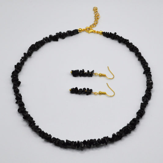 Black Obsidian Chips Necklace and Earring Set