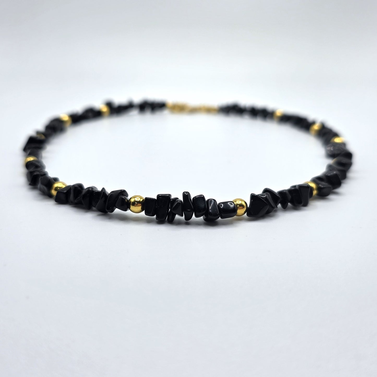 Black Obsidian Chips with Gold Accent Beads Beaded Necklace