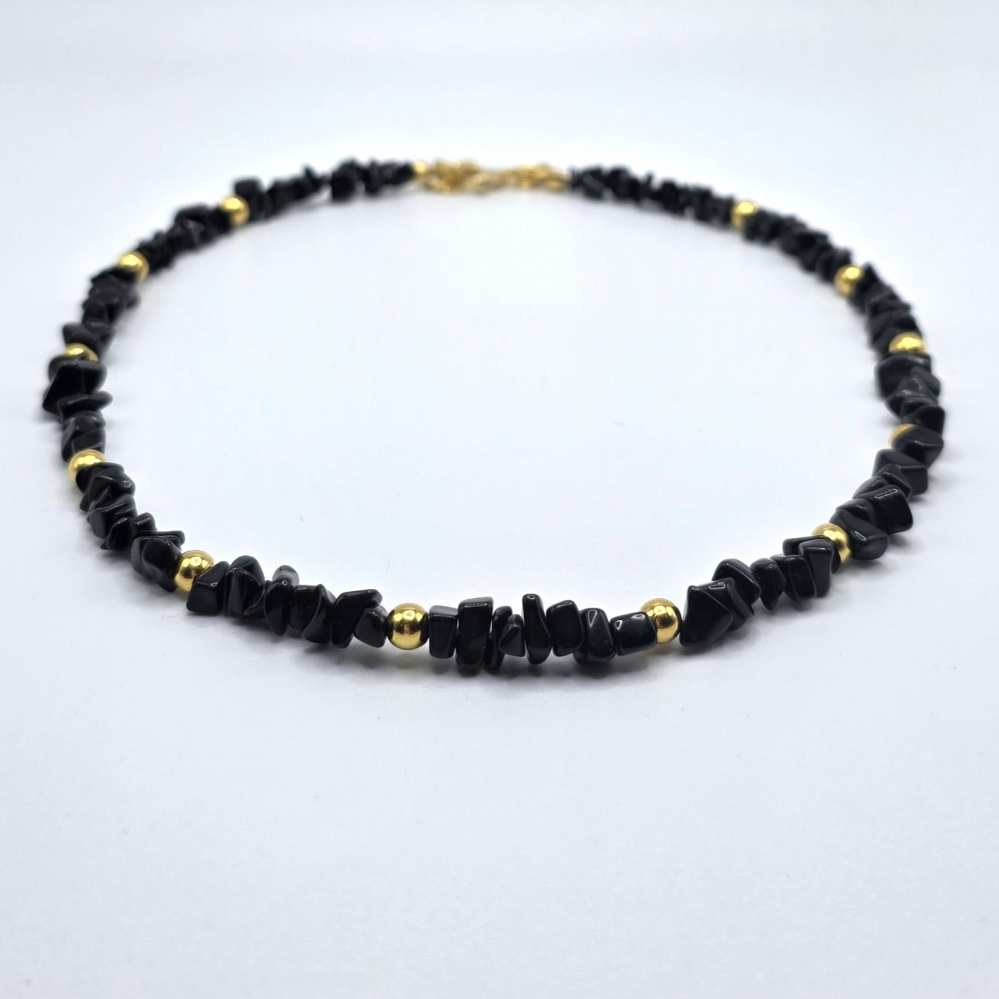 Black Obsidian Chips with Gold Accent Beads Beaded Necklace