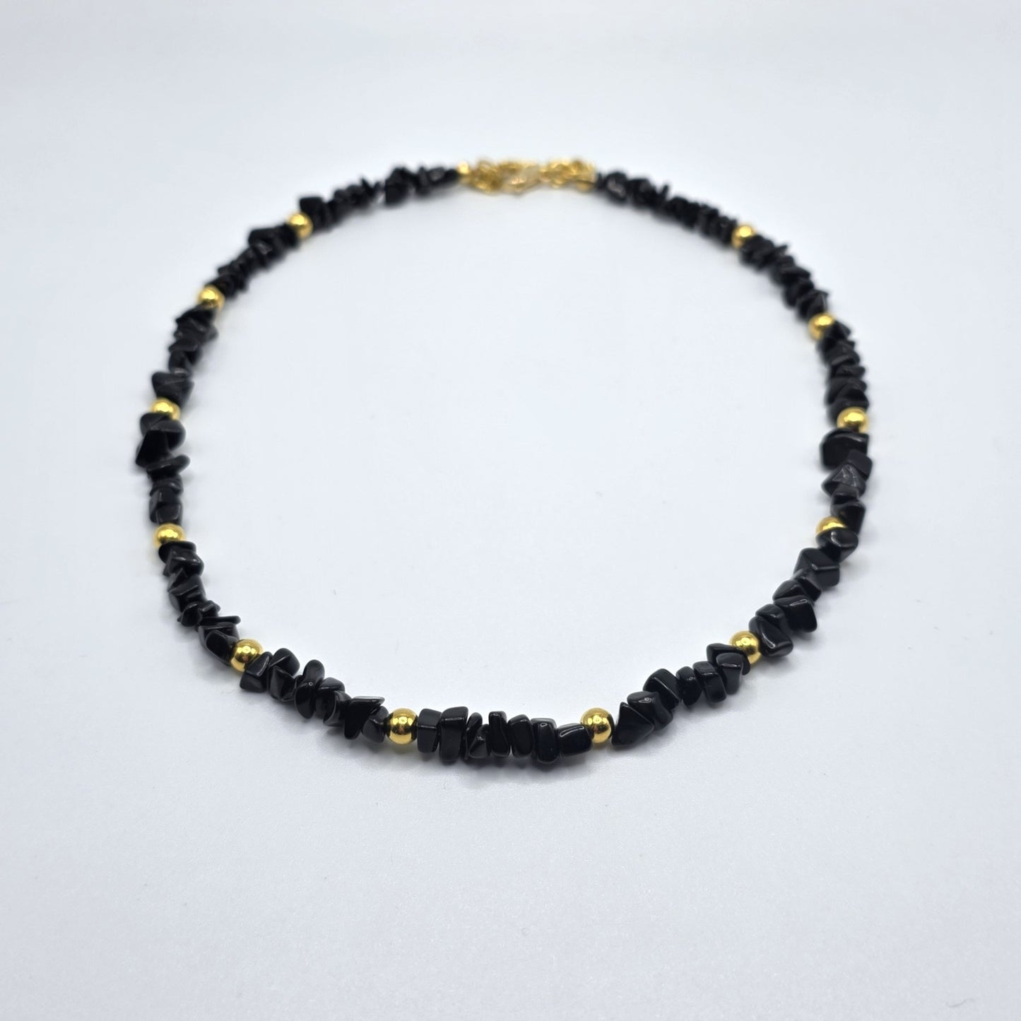 Black Obsidian Chips with Gold Accent Beads Beaded Necklace
