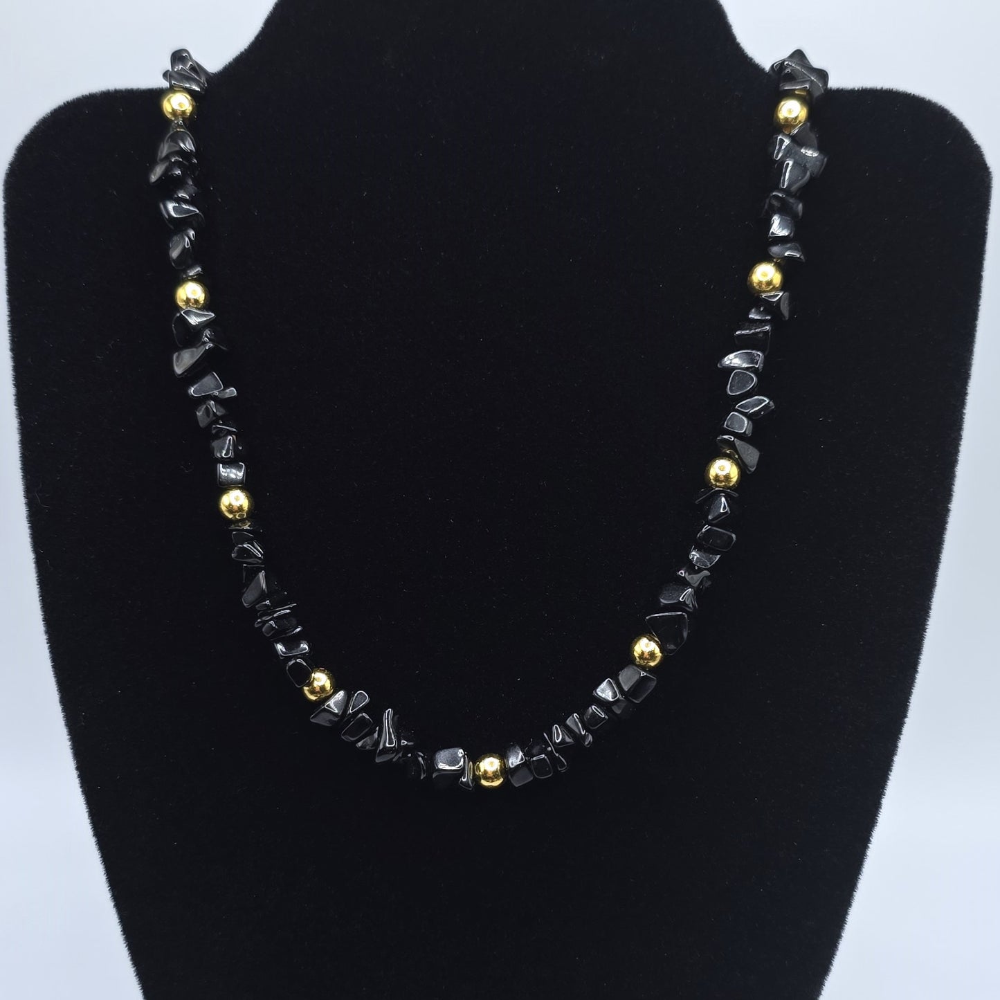 Black Obsidian Chips with Gold Accent Beads Beaded Necklace
