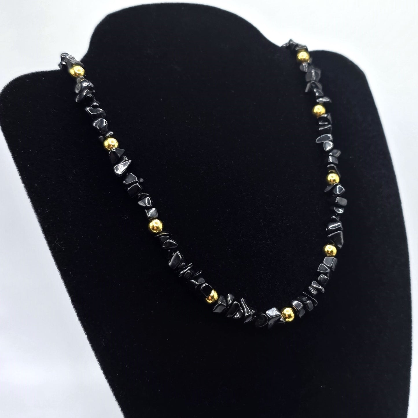 Black Obsidian Chips with Gold Accent Beads Beaded Necklace