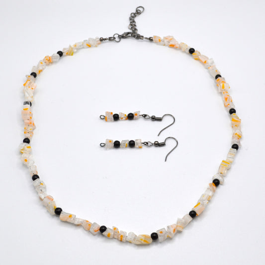 Clear, Orange and White Millefiori Glass Necklace and Earring Set