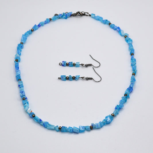 Light Blue and White Millefiori Glass Necklace and Earring Set