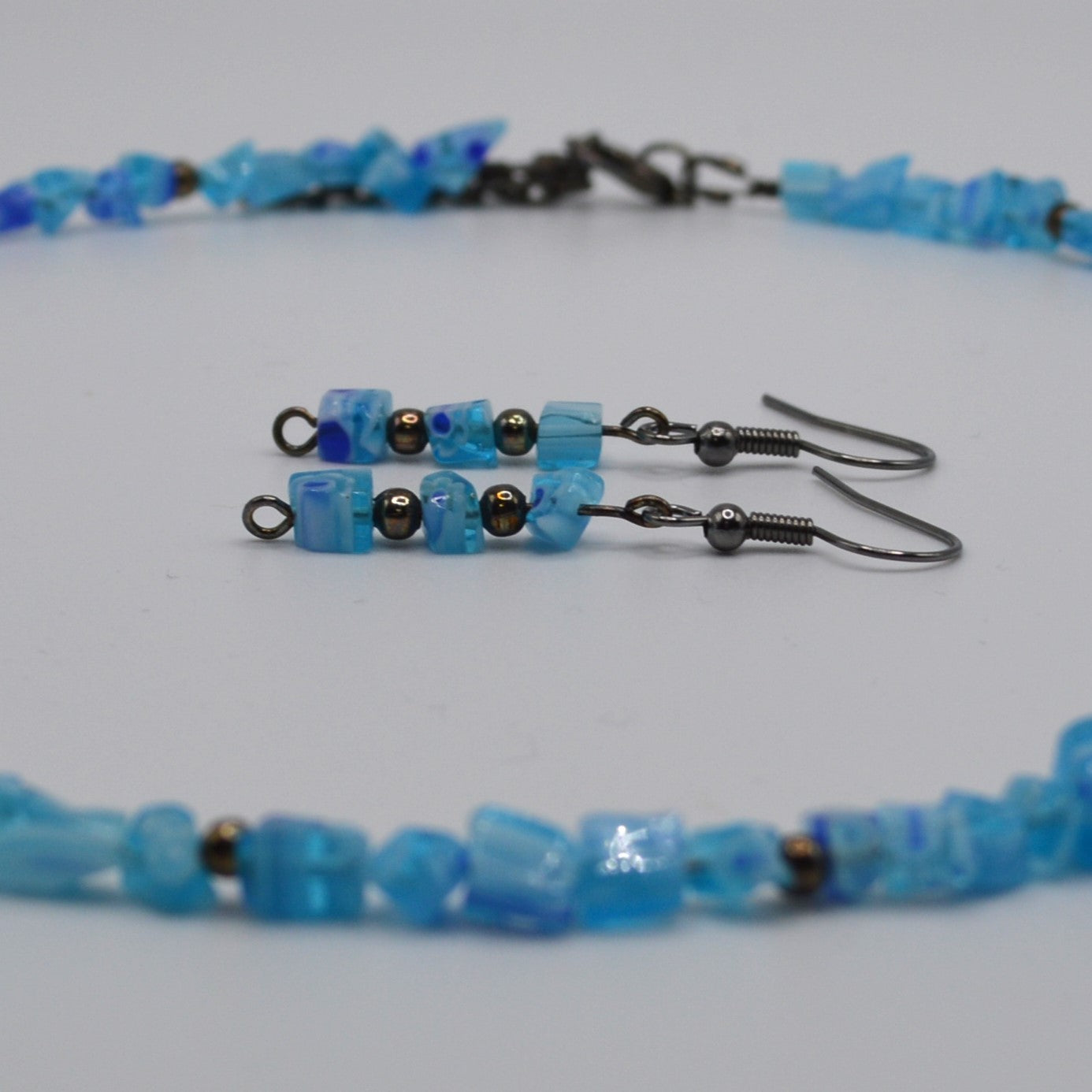 Light Blue and White Millefiori Glass Necklace and Earring Set