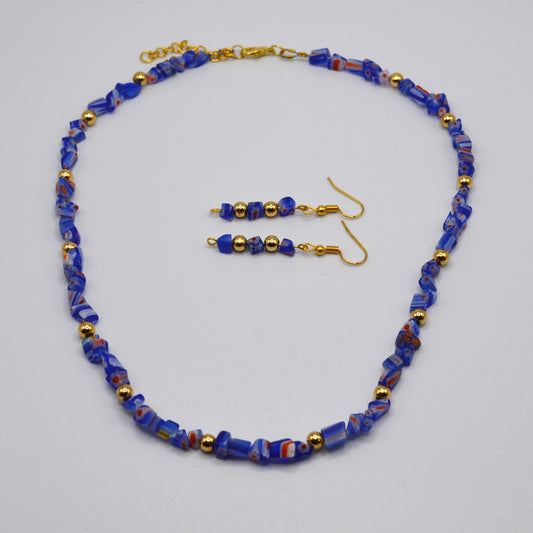 Blue and Red Millefiori Glass Necklace and Earring Set