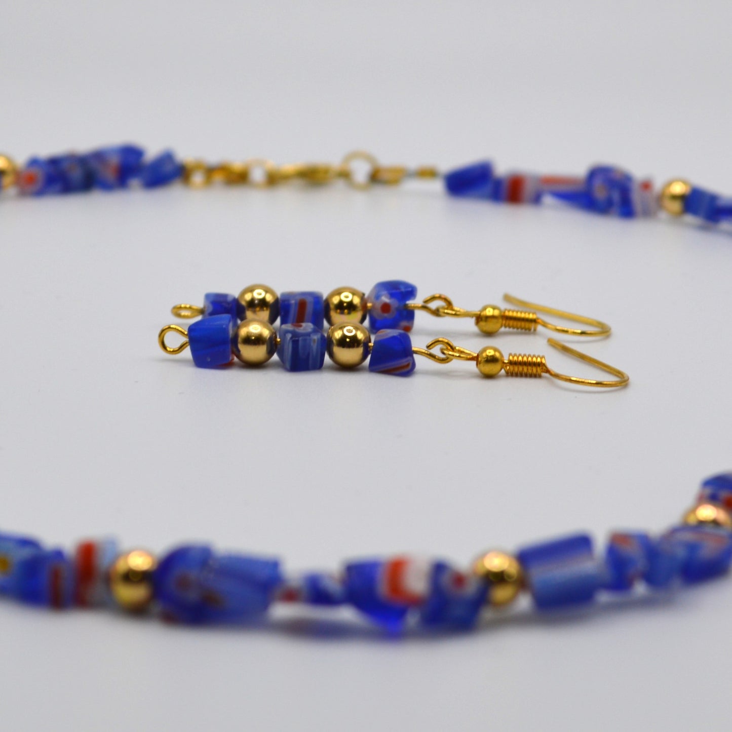 Blue and Red Millefiori Glass Necklace and Earring Set