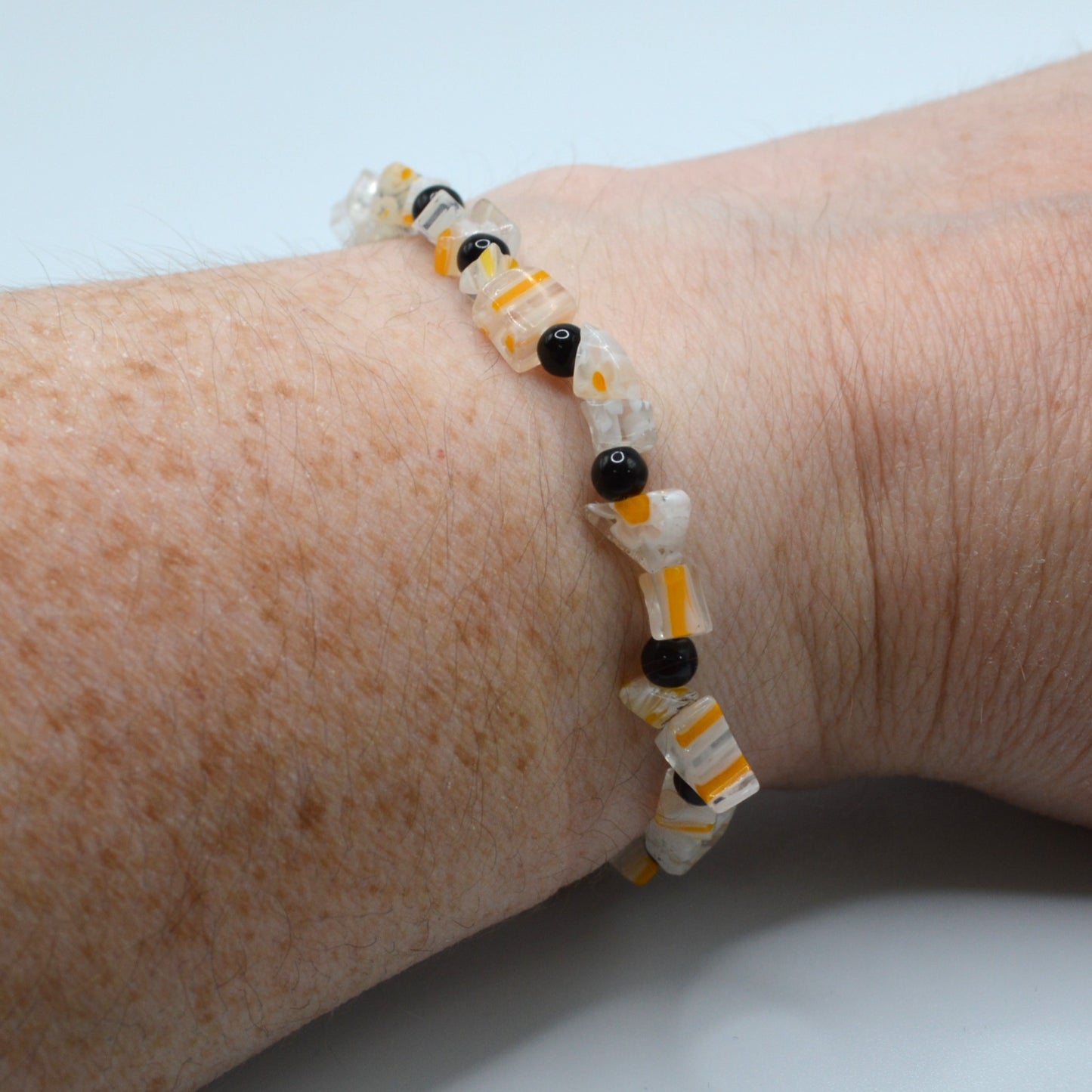 Clear, Orange and White Millefiori Glass Bracelet