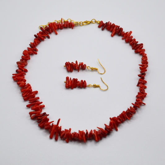 Red Bamboo Coral Necklace and Earring Set