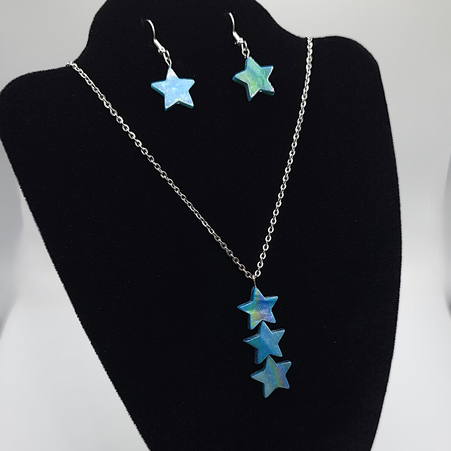 Blue Mother of Pearl Star Pendant on a Stainless Steel Chain Necklace and Earring Set