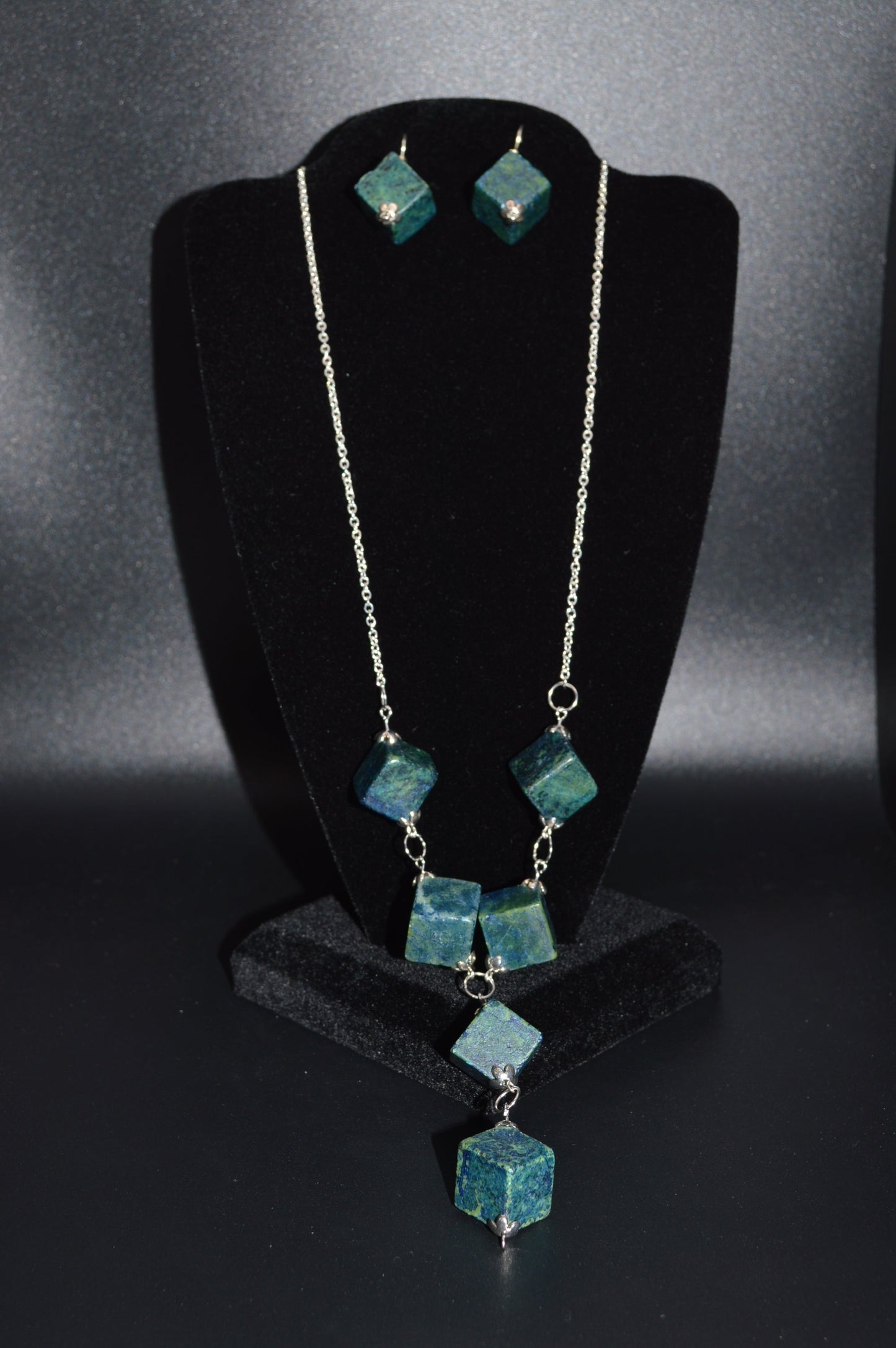 Blue Green Serpentine and Quartz Necklace and Earring Set (2 drops)