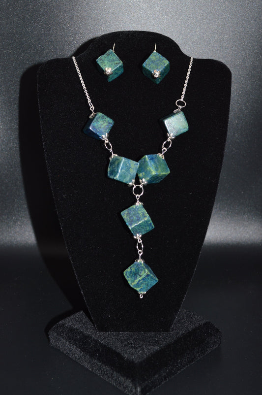 Blue Green Serpentine and Quartz Necklace and Earring Set (2 drops)
