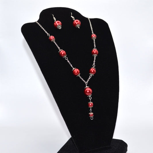 Maroon Glass Beaded Necklace and Earring Set
