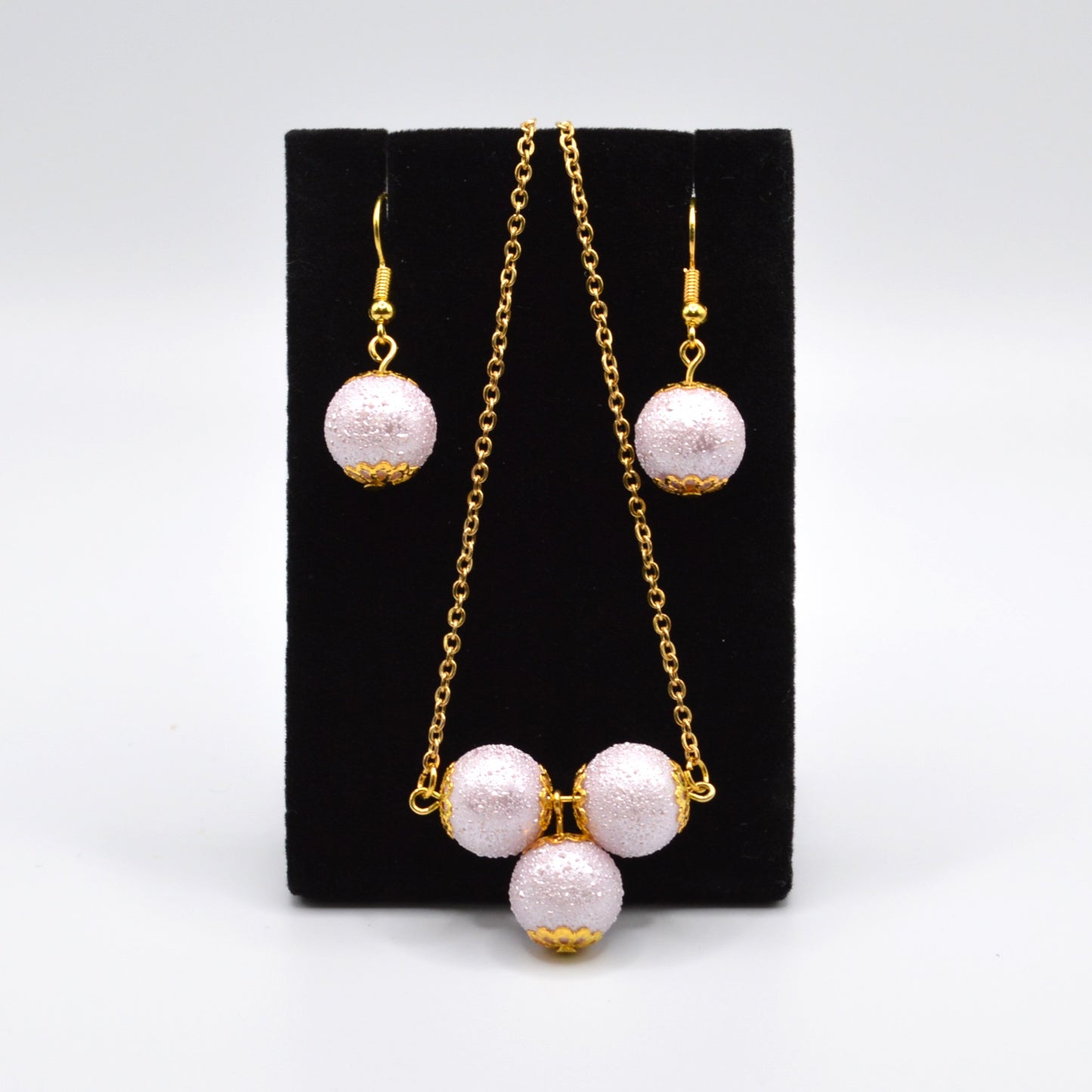 Textured Glass Beaded Necklace and Earring Set (Lilac)