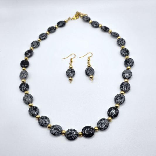 Snowflake Obsidian Beaded Necklace and Earring Set