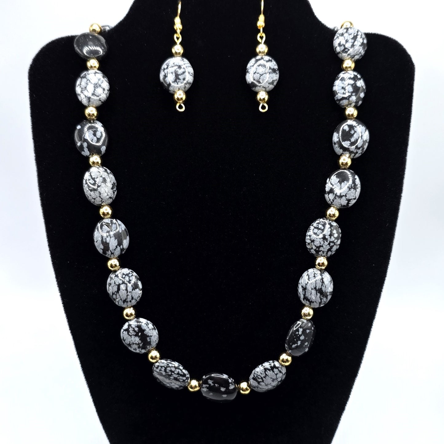 Snowflake Obsidian Beaded Necklace and Earring Set