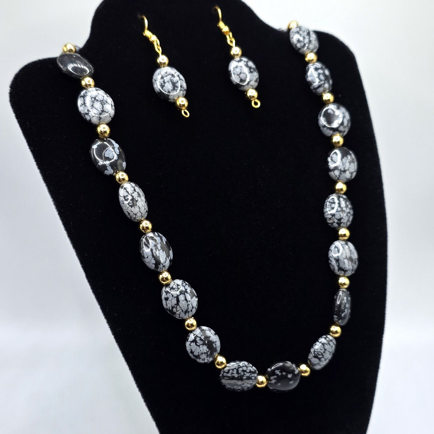 Snowflake Obsidian Beaded Necklace and Earring Set