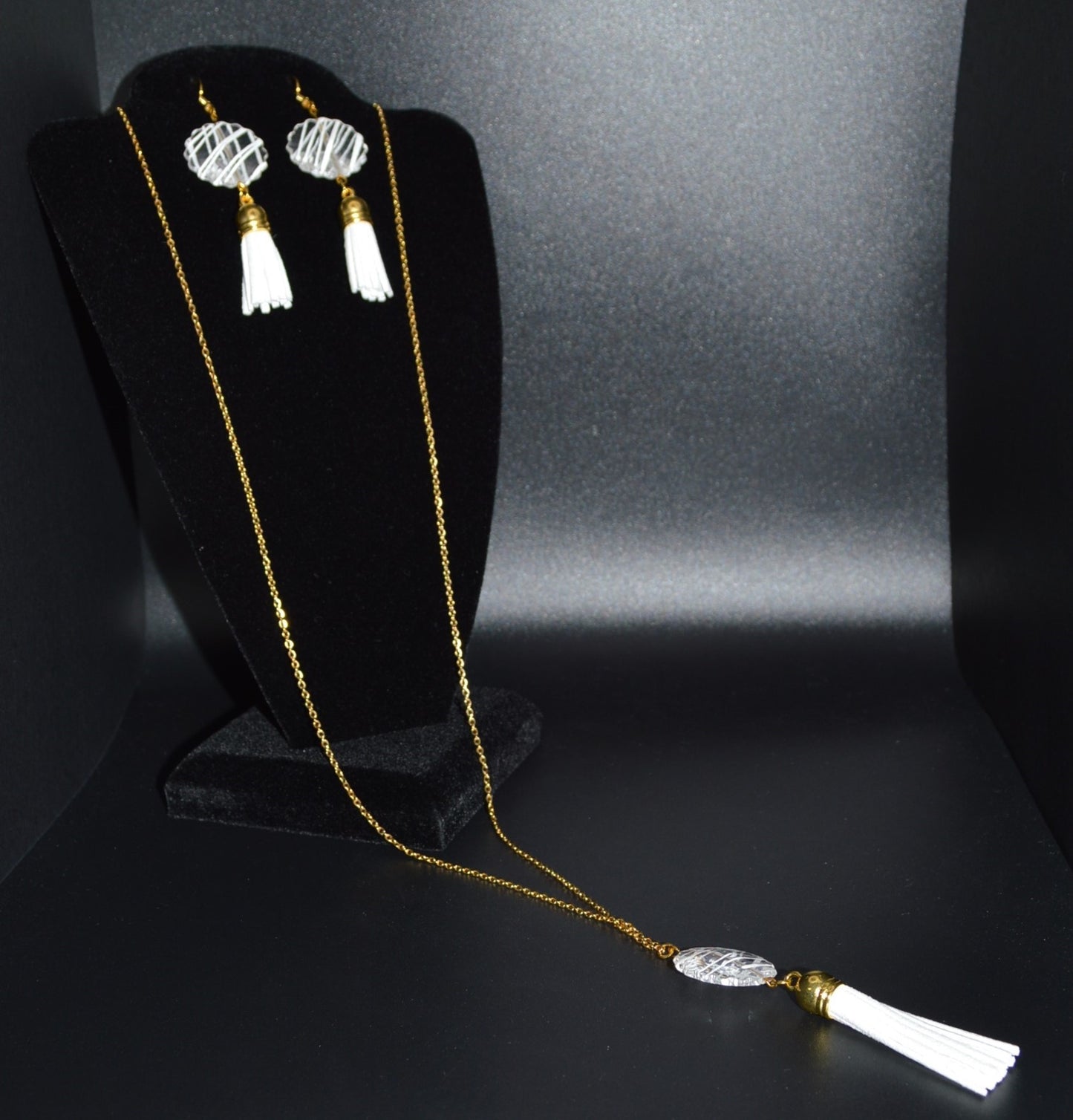 Striped Acrylic Pendant with Tassel Necklace and Earring Set