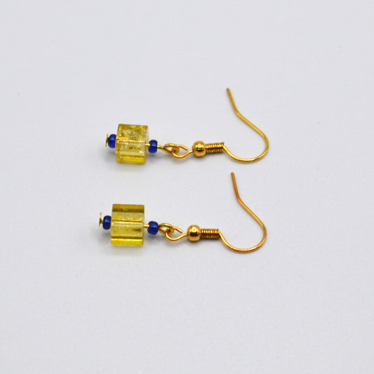 Yellow Crackled Glass Earrings with Blue Seed Beads (Short)