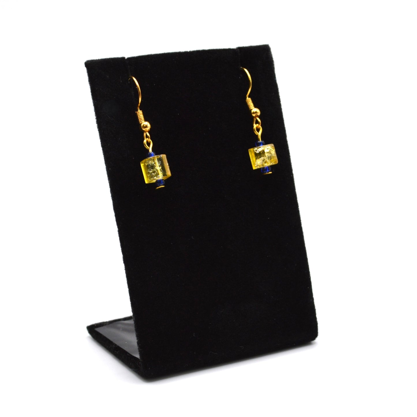 Yellow Crackled Glass Earrings with Blue Seed Beads (Short)