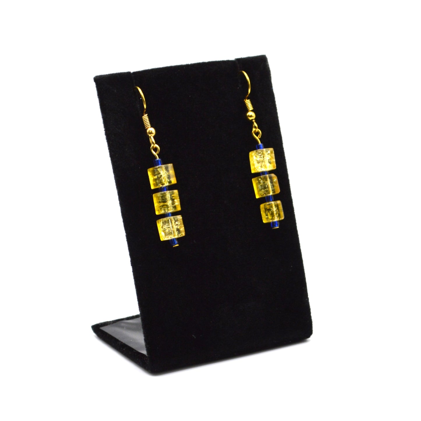 Yellow Crackled Glass Earrings with Blue Seed Beads (Long)