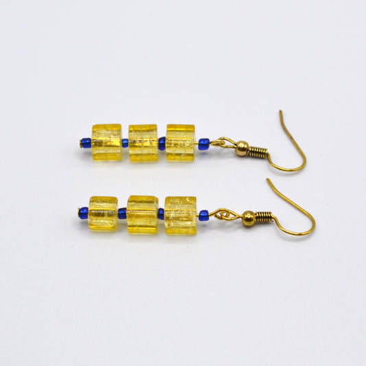 Yellow Crackled Glass Earrings with Blue Seed Beads (Long)