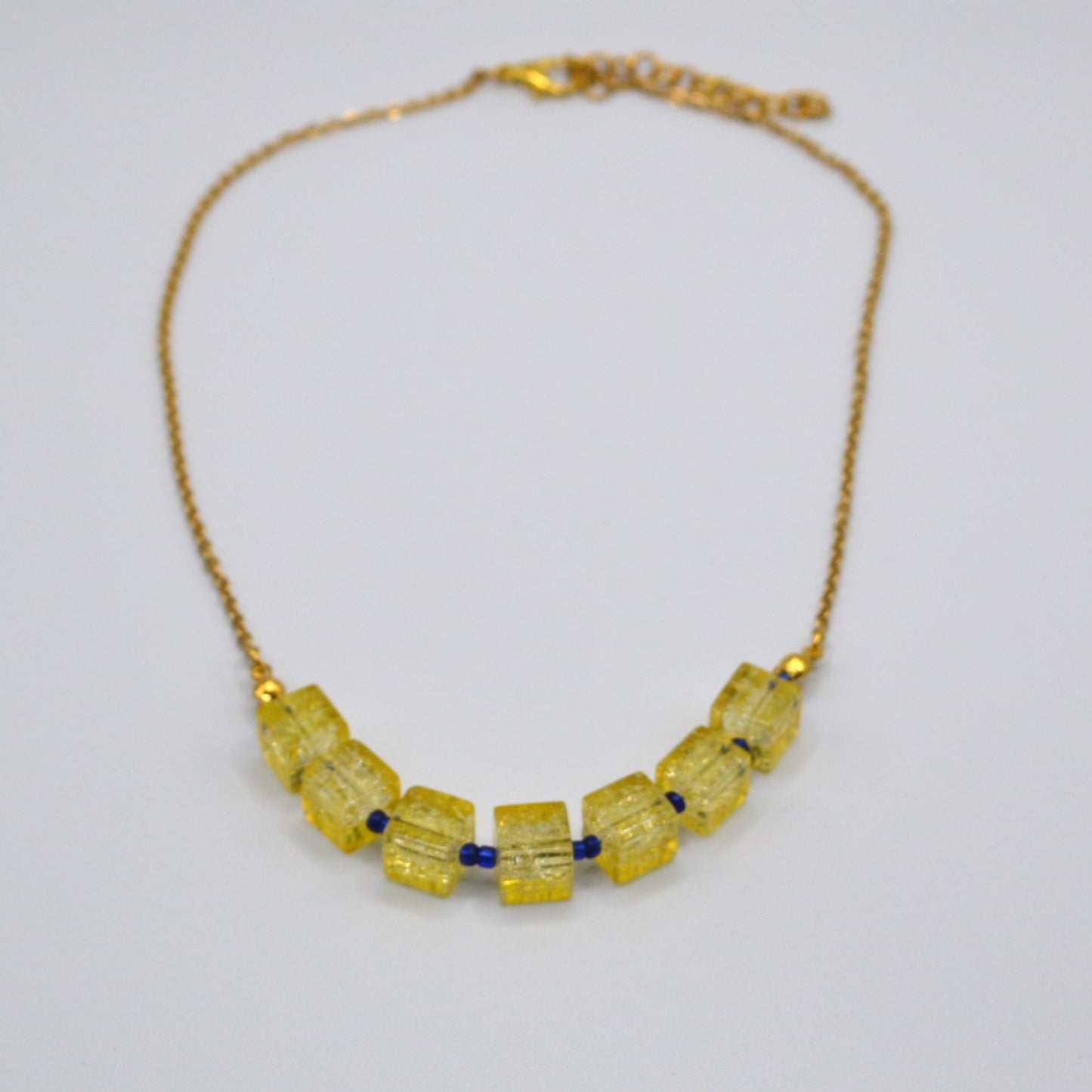 Yellow Crackled Glass Necklace with Blue Seed Beads
