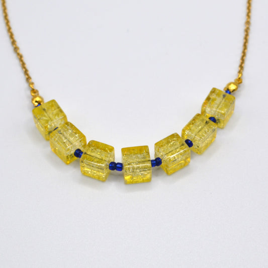 Yellow Crackled Glass Necklace with Blue Seed Beads