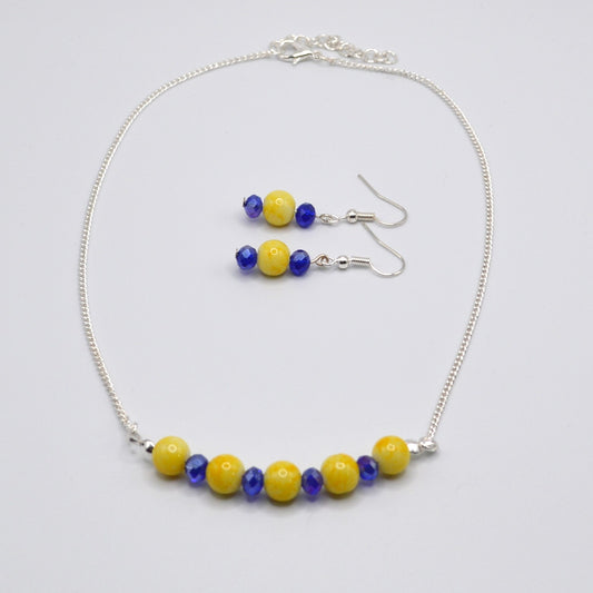 Yellow Marbled Glass and Blue Crystal Necklace and Earring Set