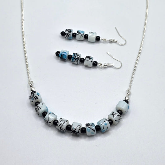 White, Black and Blue Painted Glass Necklace and Earring Set