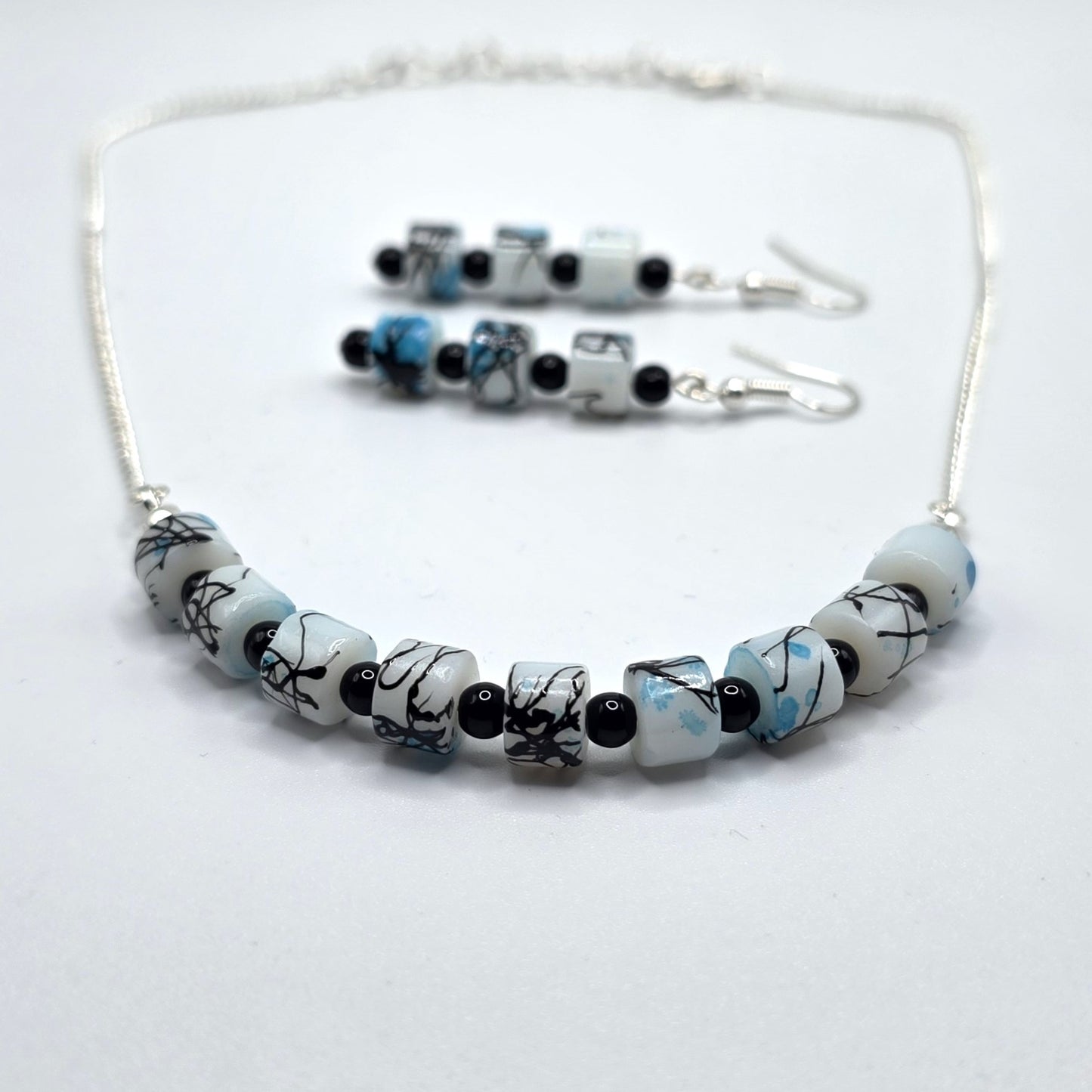 White, Black and Blue Painted Glass Necklace and Earring Set