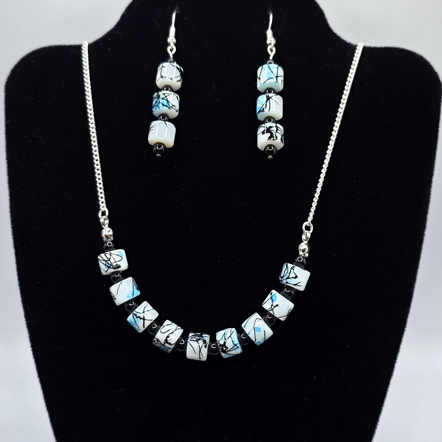 White, Black and Blue Painted Glass Necklace and Earring Set