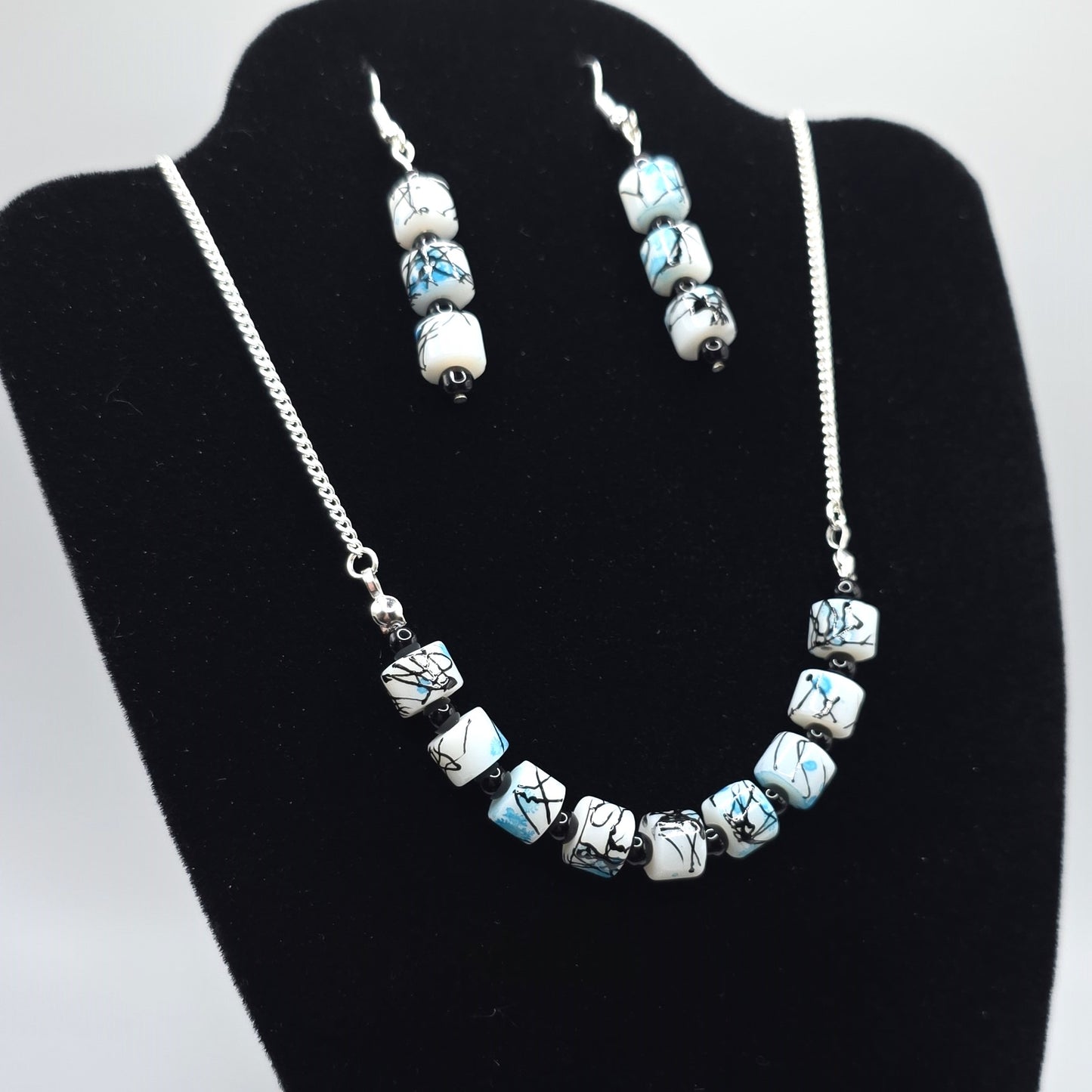 White, Black and Blue Painted Glass Necklace and Earring Set