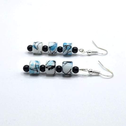 White, Black and Blue Painted Glass Beaded Earrings