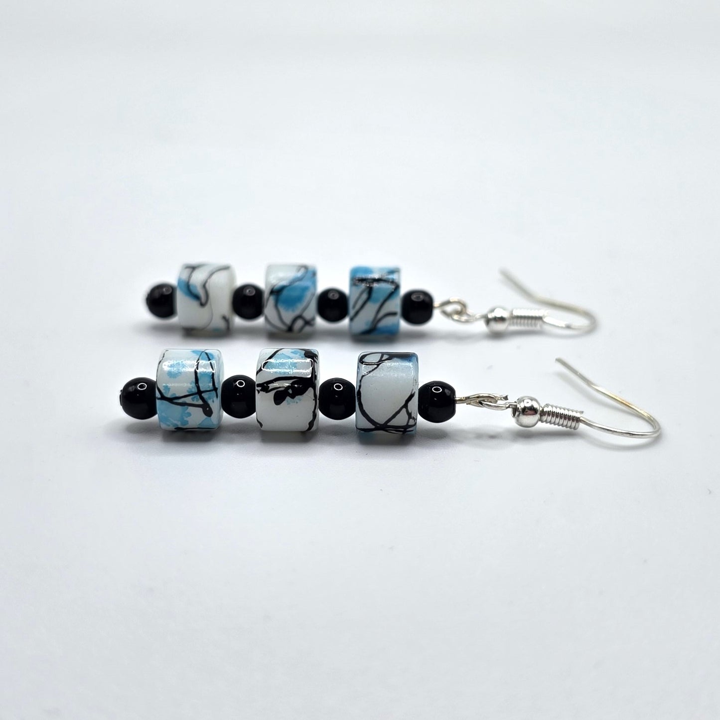 White, Black and Blue Painted Glass Beaded Earrings
