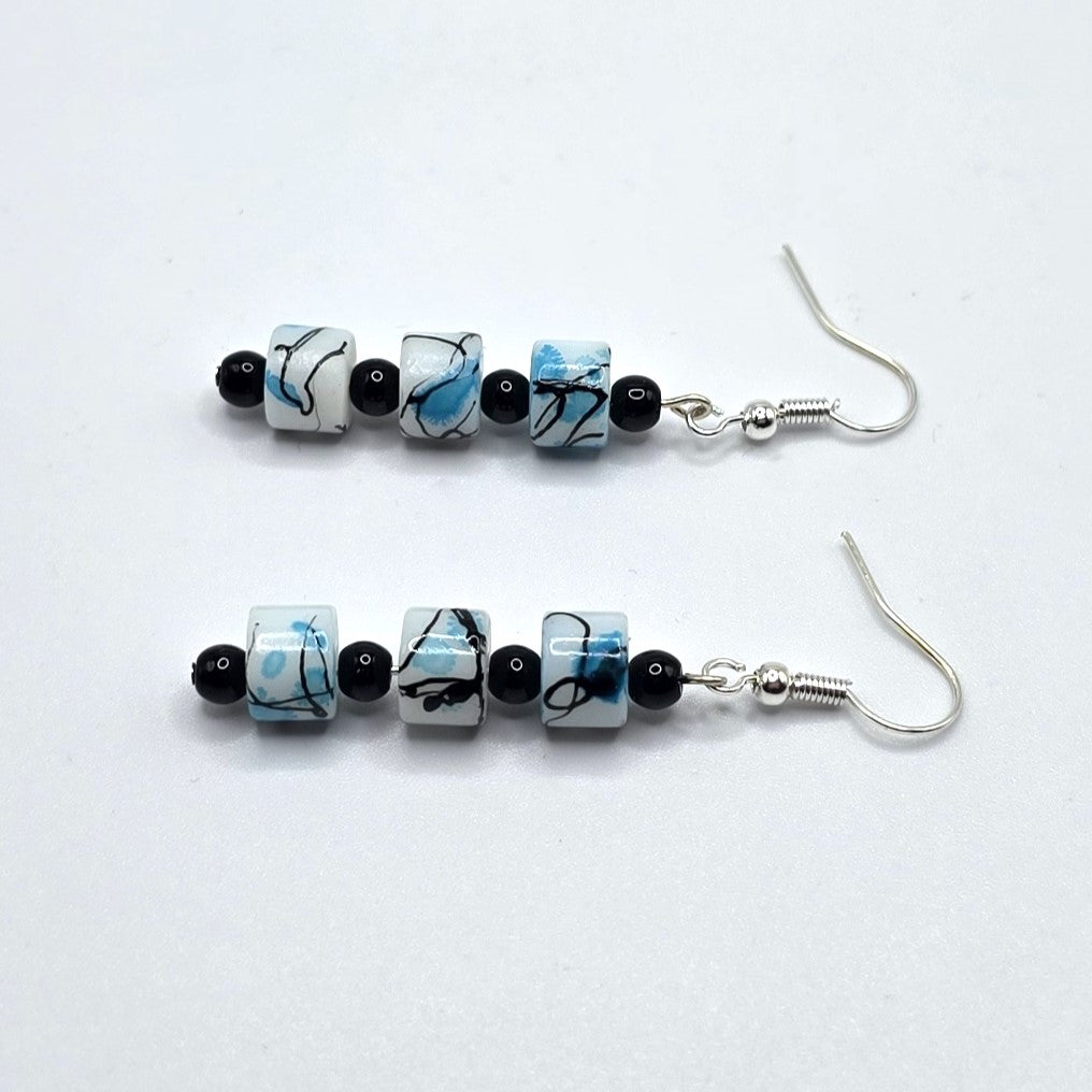 White, Black and Blue Painted Glass Beaded Earrings