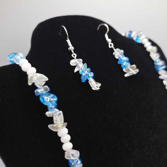 Blue Silver Striped Glass Beads with Glass Chips and Crystal Spacers Necklace and Earring Set