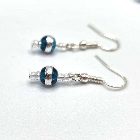 Aqua Silver Striped Glass Beads and Seed Bead Earrings