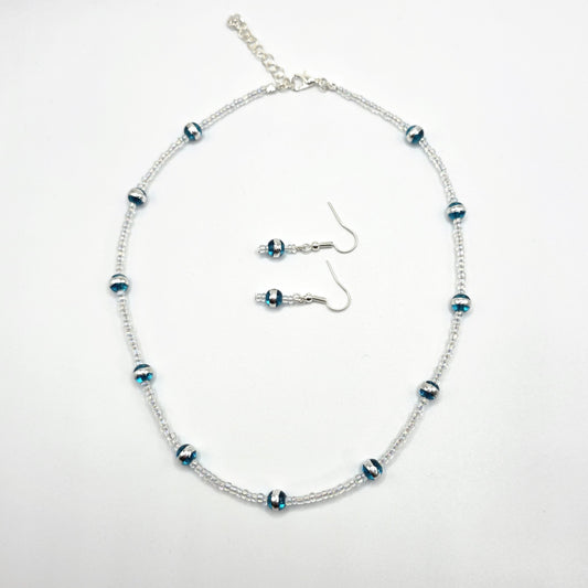 Aqua Silver Striped Glass Beads with Clear Seed Beads Necklace and Earring Set