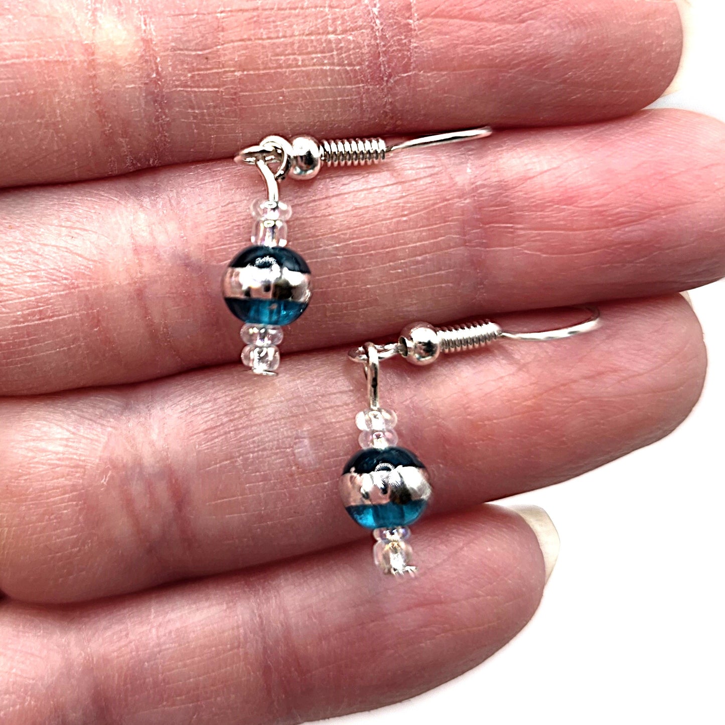 Aqua Silver Striped Glass Beads and Seed Bead Earrings