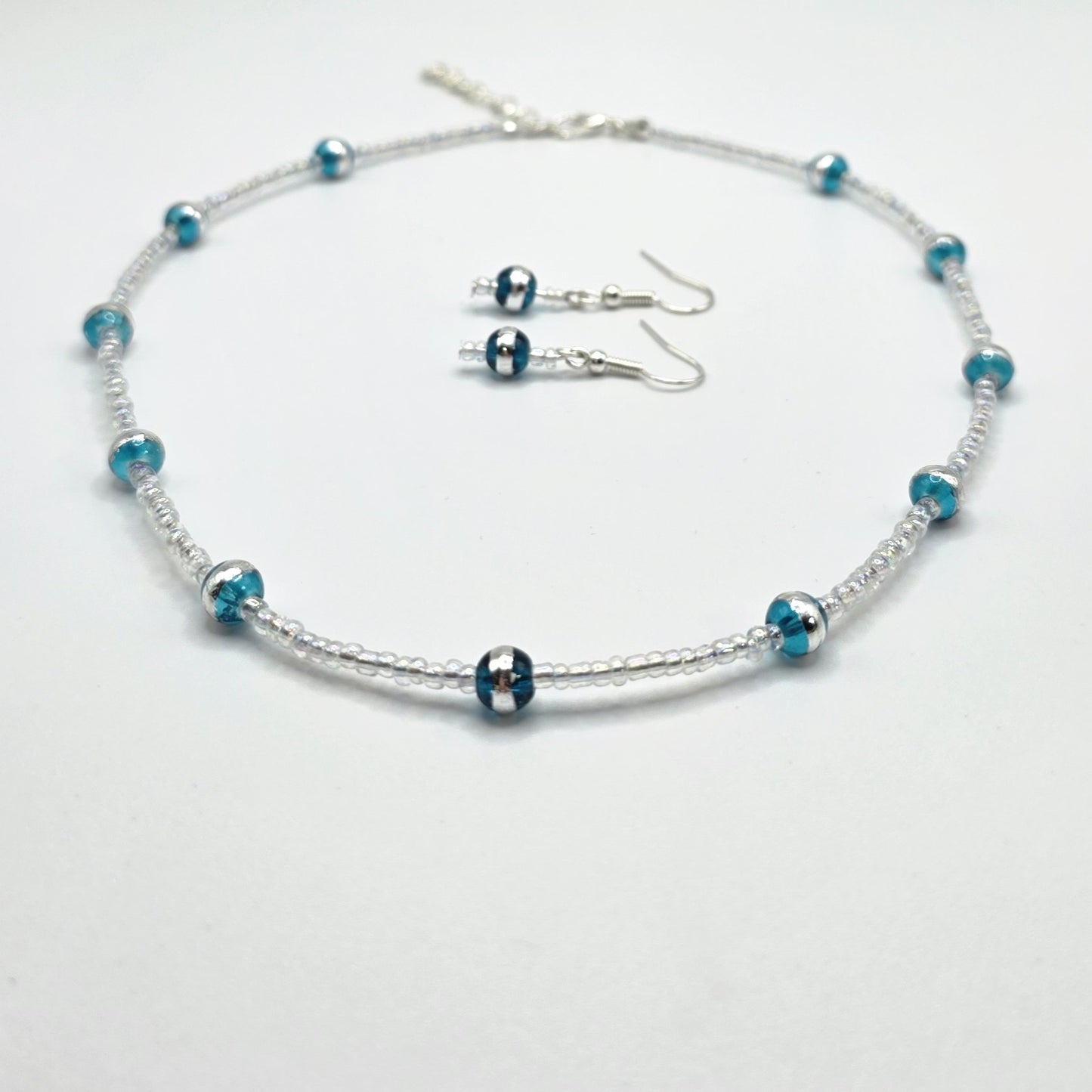 Aqua Silver Striped Glass Beads with Clear Seed Beads Necklace and Earring Set