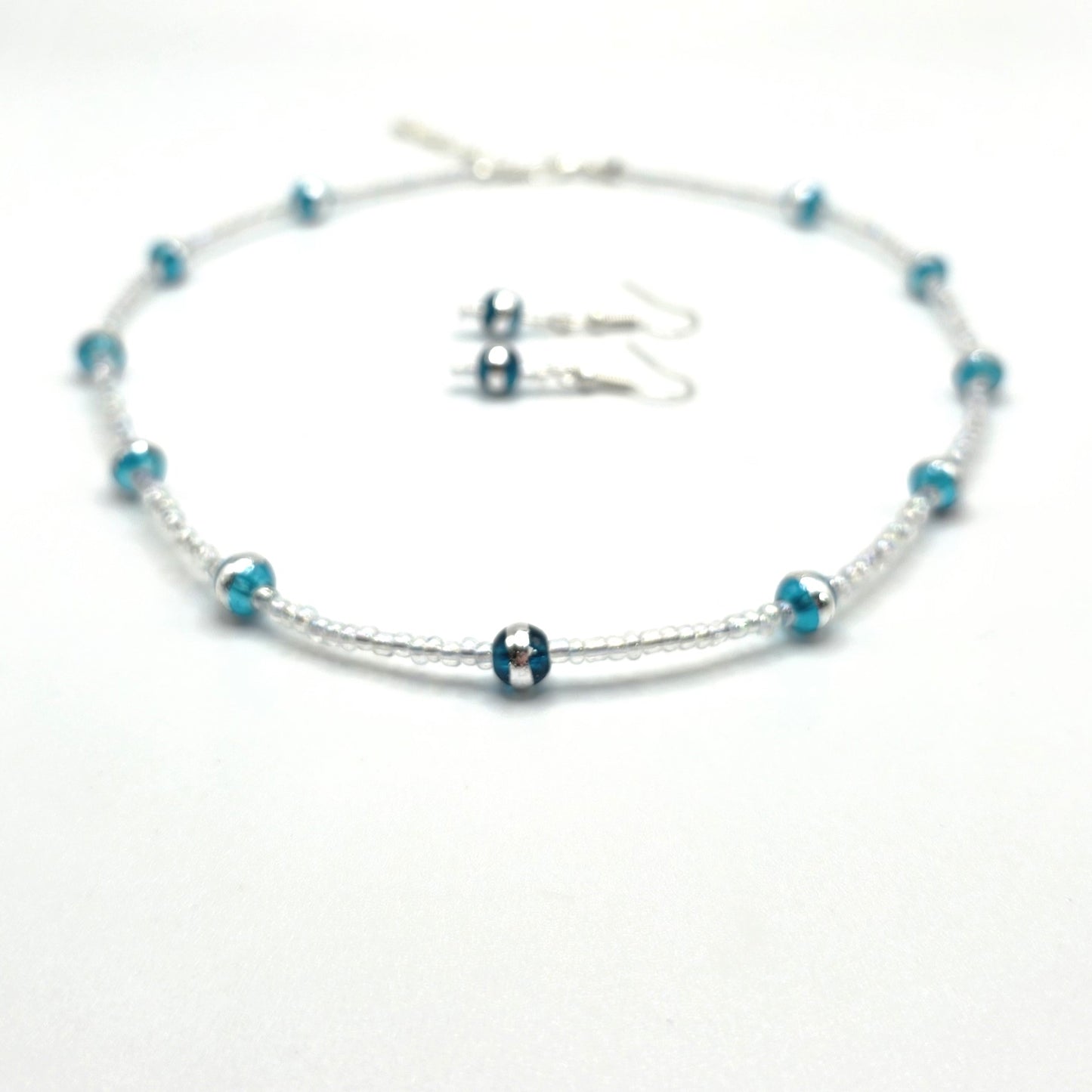 Aqua Silver Striped Glass Beads with Clear Seed Beads Necklace and Earring Set