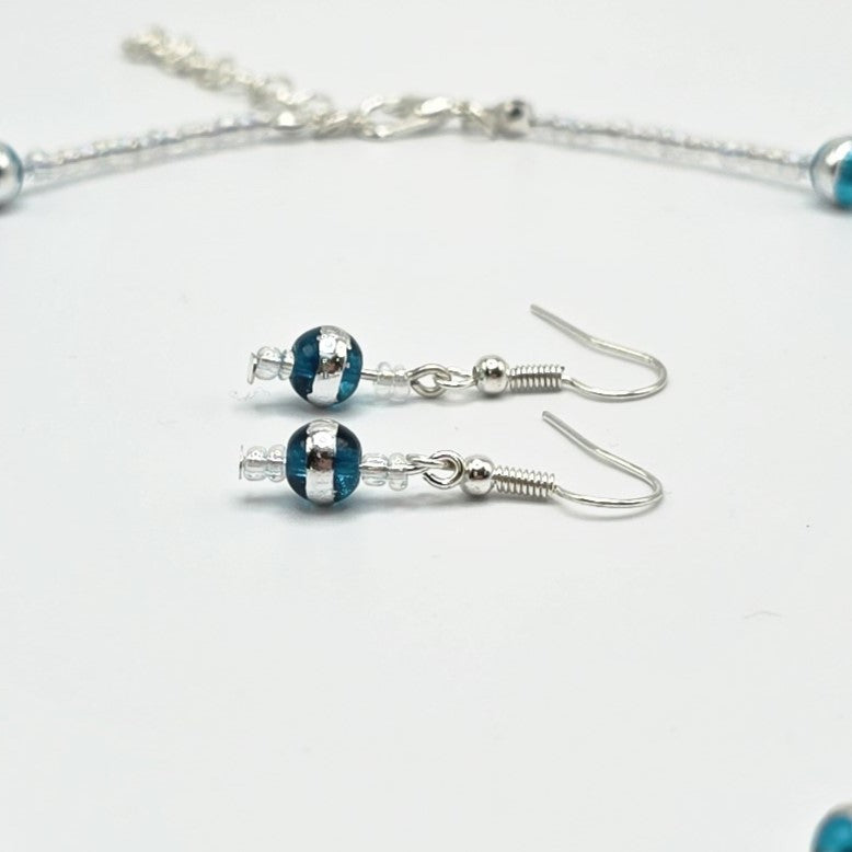 Aqua Silver Striped Glass Beads with Clear Seed Beads Necklace and Earring Set