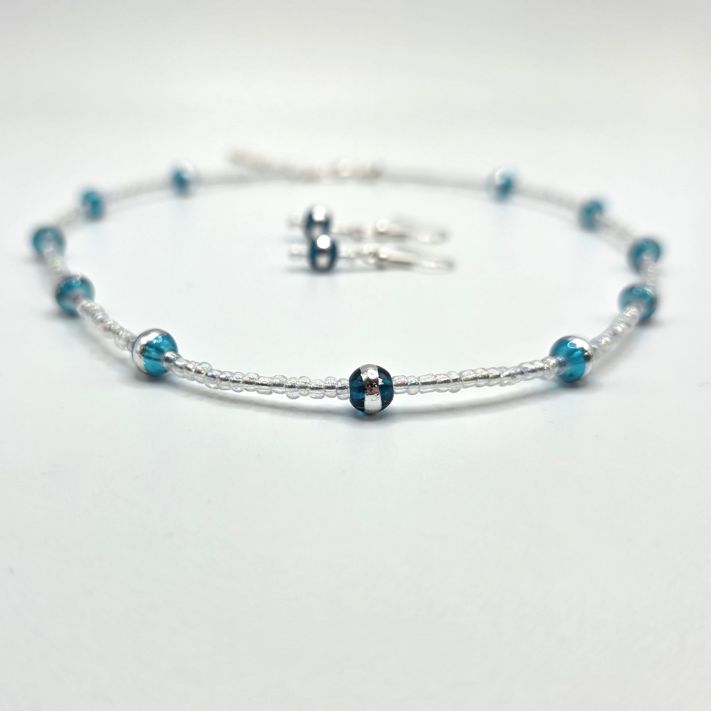 Aqua Silver Striped Glass Beads with Clear Seed Beads Necklace and Earring Set