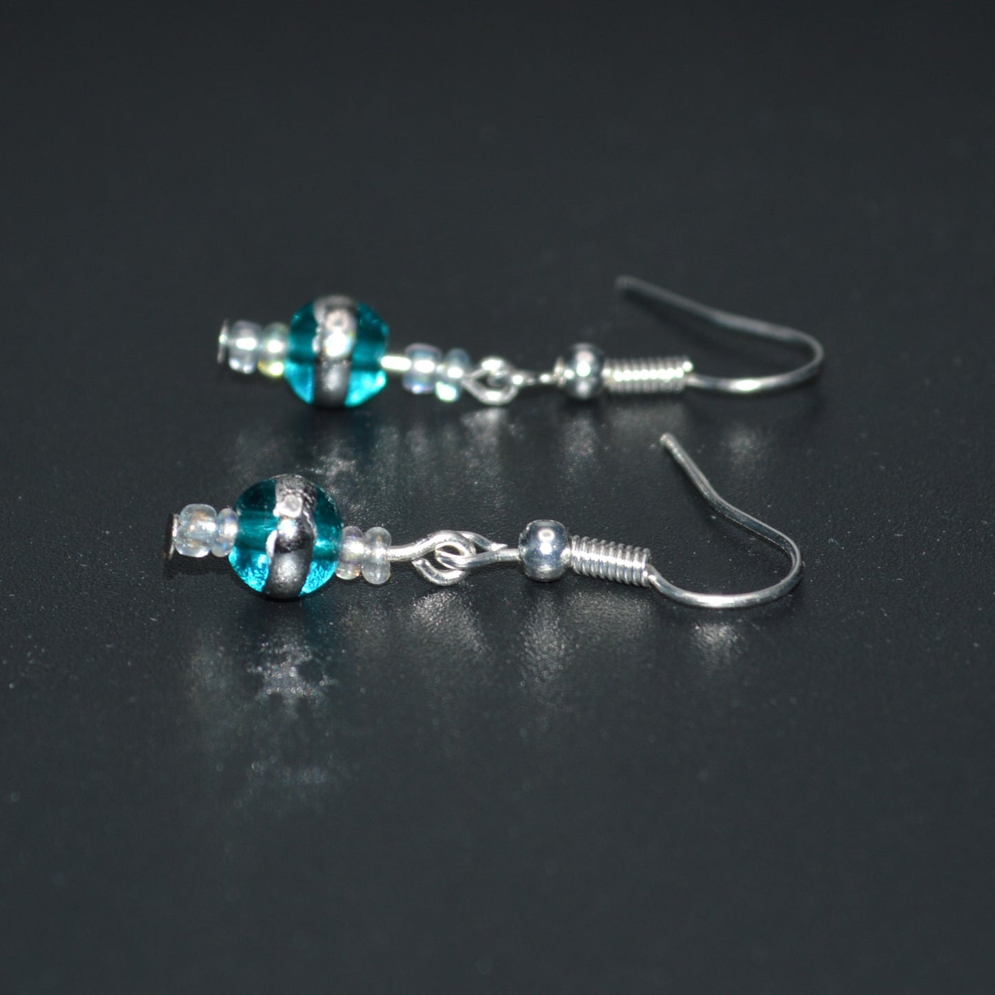 Aqua Silver Striped Glass Beads with Clear Seed Beads Necklace and Earring Set