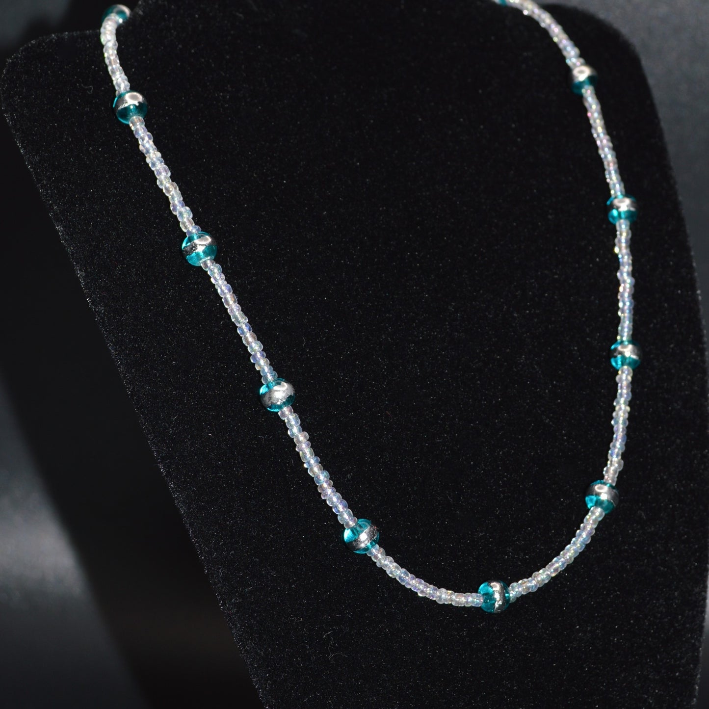Aqua Silver Striped Glass Beads with Clear Seed Beads Necklace and Earring Set