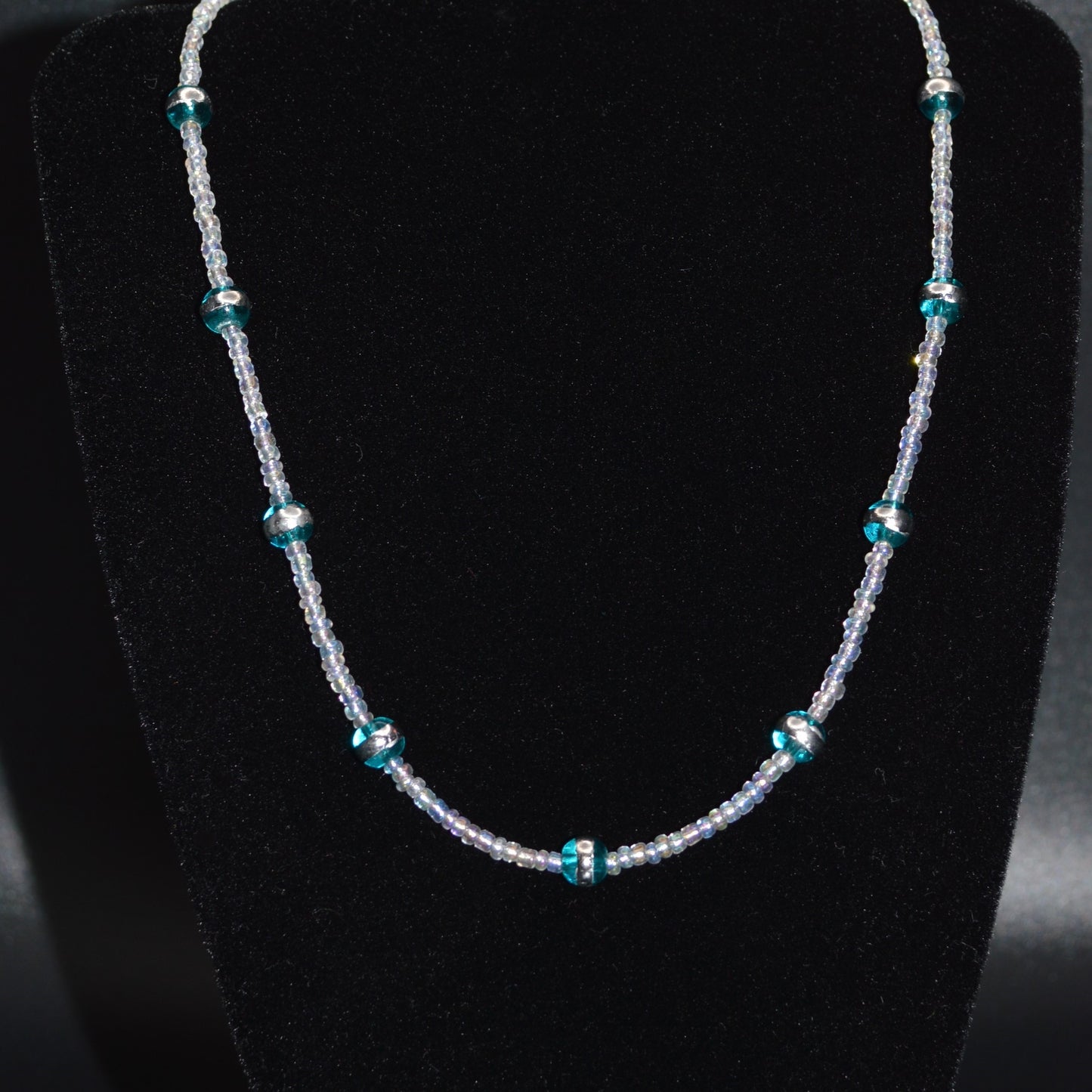 Aqua Silver Striped Glass Beads with Clear Seed Beads Necklace and Earring Set