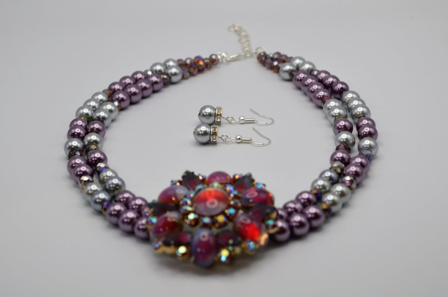 Vintage Brooch and Pearl Necklace (Purple and Silver)