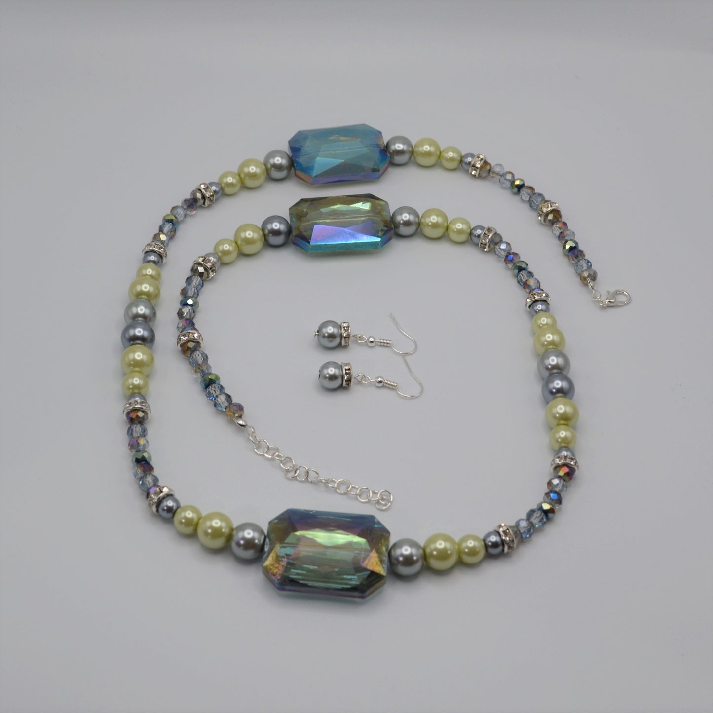 Rectangular Glass, Pearl and Crystal Necklace