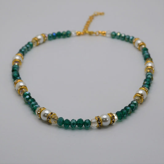 Emerald Green Crystals and Pearl Necklace